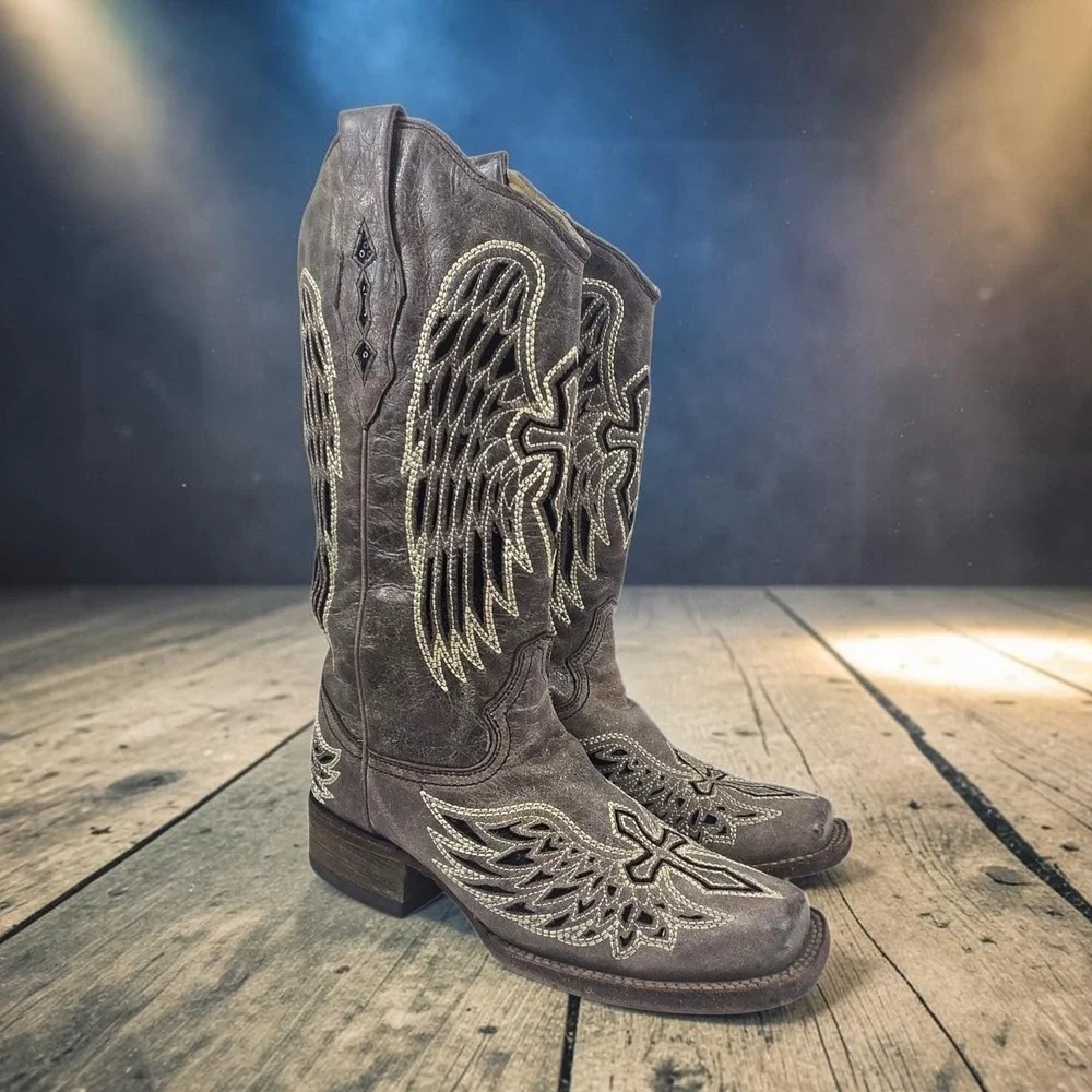 Corral Boots Wing and Cross Inlay Sequin Distressed Brown 8M A1197 Cowgirl Chic